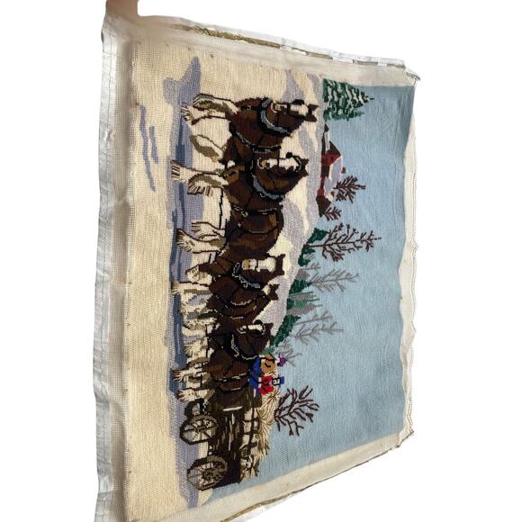Vintage Needlepoint Clydesdale Horses Amish Winter Scene Wagon 70's Picture - Picture 8 of 12